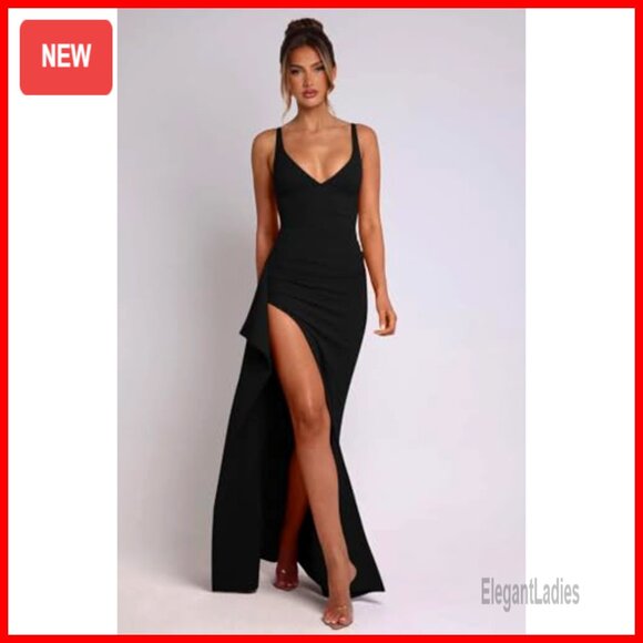 Sexy Plunge Neckline Bodycon Ruched Maxi Dress High Slit Party - Picture 2 of 6